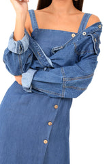 Denim Button Front Wide Strap Midi Dress - Raffaella