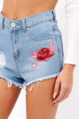 Light Denim Frayed Ripped Applique Shorts - Rayleigh