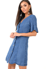 Denim Plunge Short Sleeve Mini Shift Dress - Valeda