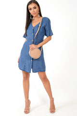 Denim Plunge Short Sleeve Mini Shift Dress - Valeda