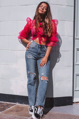 Pink Mesh High Neck Open Back Blouse - Anthea