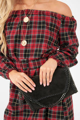 Red Tartan Belted Bardot Dress - Deondra