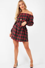 Red Tartan Belted Bardot Dress - Deondra