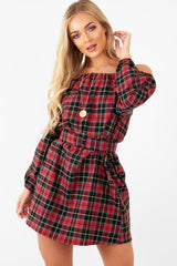Red Tartan Belted Bardot Dress - Deondra