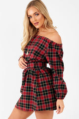 Red Tartan Belted Bardot Dress - Deondra