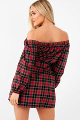 Red Tartan Belted Bardot Dress - Deondra