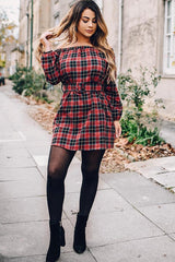 Red Tartan Belted Bardot Dress - Deondra