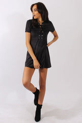 Black Suede Lace Up Eyelet Skater Dress - Desire