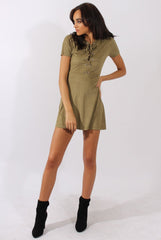 Khaki Suede Lace Up Eyelet Skater Dress - Desire