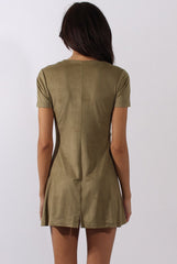 Khaki Suede Lace Up Eyelet Skater Dress - Desire