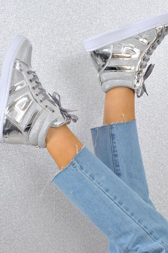 Silver Metallic and Shimmer Effect High Top Lace Up Trainers - Dessie