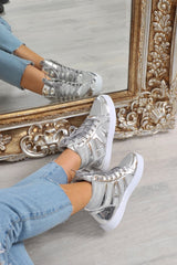 Silver Metallic and Shimmer Effect High Top Lace Up Trainers - Dessie