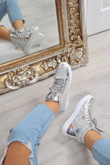 Silver Metallic and Shimmer Effect High Top Lace Up Trainers - Dessie