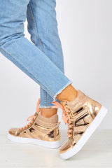 Rose Gold Metallic and Shimmer Effect High Top Lace Up Trainers - Dessie