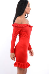 Red Ruffle Hem Ribbed Bardot Mini Dress - Destiny
