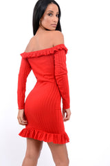 Red Ruffle Hem Ribbed Bardot Mini Dress - Destiny