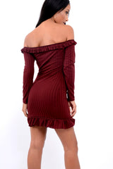 Wine Ruffle Hem Ribbed Bardot Mini Dress - Destiny