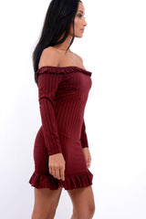Wine Ruffle Hem Ribbed Bardot Mini Dress - Destiny