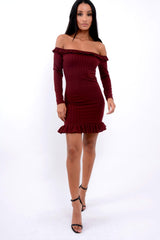 Wine Ruffle Hem Ribbed Bardot Mini Dress - Destiny