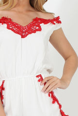 White & Red Crochet V Front Playsuit - Florence