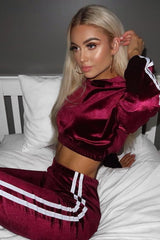 Burgundy And White Stripe Velour Cropped Tracksuit - Deymi