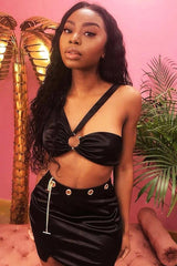 Black Satin One Shoulder Top Skirt Co-Ord - Deandria