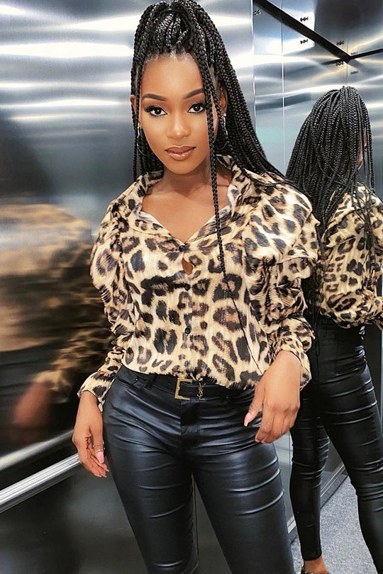 Leopard Sheer Ruffle Shoulder Shirt - Jacky