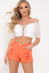White Broiderie Lace Up Bardot Crop Top - Dilan