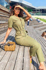 Khaki Front Button Belted Boiler Jumpsuit - Nyrah