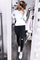 White Peplum Frill Long Sleeve Top - Fari