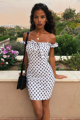 White Black Polka Bardot Milkmaid Dress - Roya