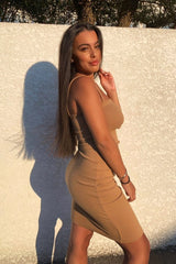 Caramel Ribbed Frill Edge Midi Dress - Aalani