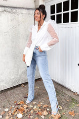 White Button Front Sheer Long Sleeve Shirt - Fay