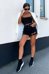 Black Satin Cowl Neck Lace Up Back Crop Top - Kamsi