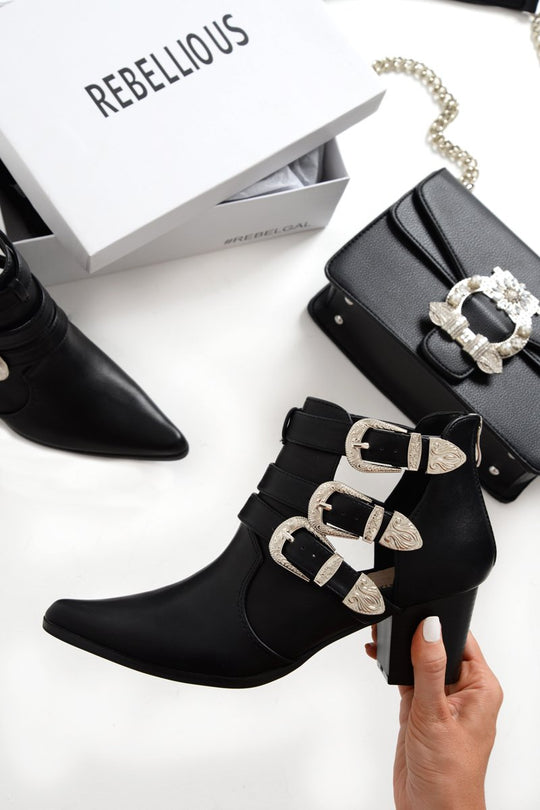 Black Western Buckle Pointed Ankle Boots - Disha