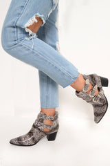 Grey Snake Print Western Buckle Pointed Ankle Boots - Disha