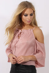 Pink Pleated Drawstring Halter Cold Shoulder Top - Dixie