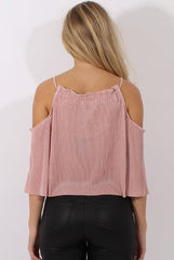 Pink Pleated Drawstring Halter Cold Shoulder Top - Dixie