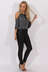 Black Metallic Pleated Drawstring Halter Cold Shoulder Top - Dixie