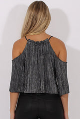 Black Metallic Pleated Drawstring Halter Cold Shoulder Top - Dixie