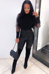 Black Ribbed Sheer Puff Sleeve Top - Orly