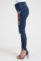 Indigo Embroidered Distressed Raw Hem Skinny Jeans - Dolly