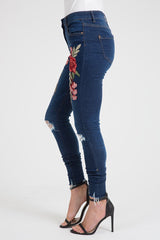 Indigo Embroidered Distressed Raw Hem Skinny Jeans - Dolly