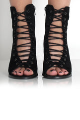 Don Black Suede Lace Up Peep Toe Ankle Boots