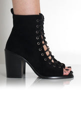 Don Black Suede Lace Up Peep Toe Ankle Boots