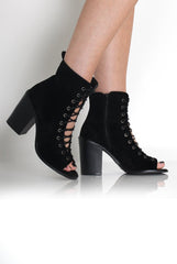 Don Black Suede Lace Up Peep Toe Ankle Boots