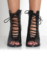 Don Black PU Lace Up Peep Toe Ankle Boots