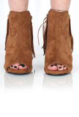 Donna Camel Suede Tassel Peep Toe Boots
