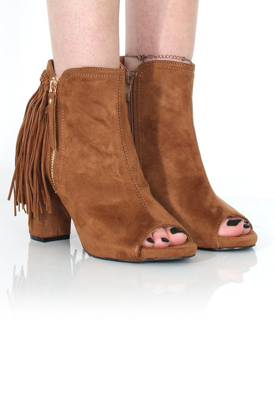 Donna Camel Suede Tassel Peep Toe Boots