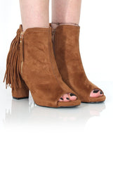 Donna Camel Suede Tassel Peep Toe Boots